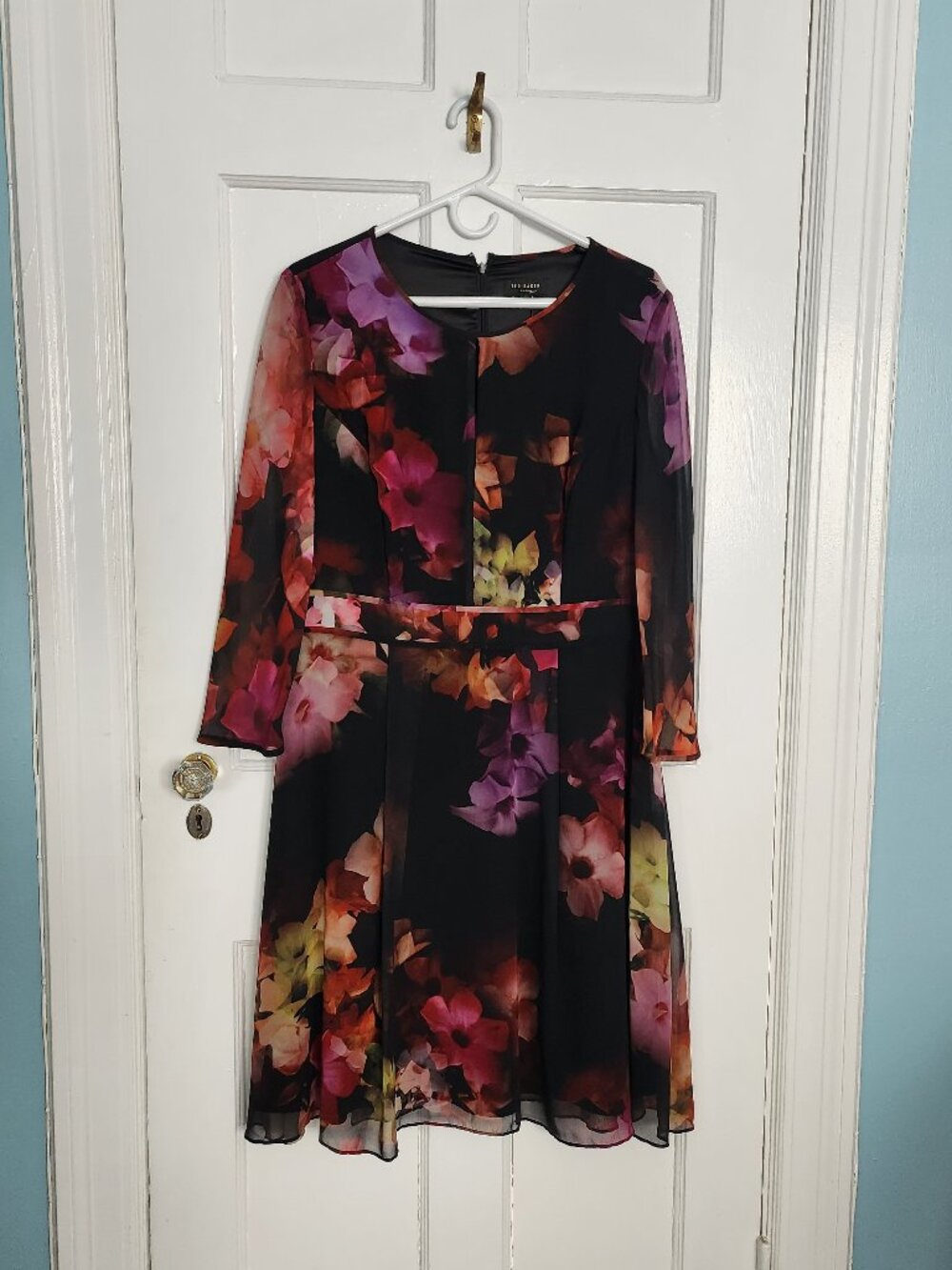 Ted Baker Floral Fall Jewel Tones Dress Long Sleeves Chiffon